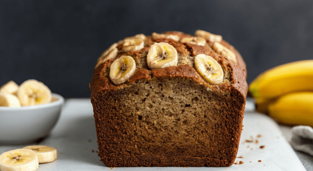 Slices of dairy-free banana bread on a plate, showcasing its moist and fluffy texture.