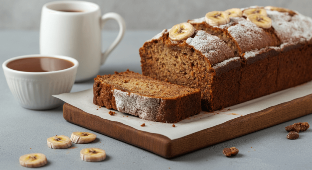 A freshly baked dairy-free banana bread loaf with a golden-brown crust, ready to be sliced."