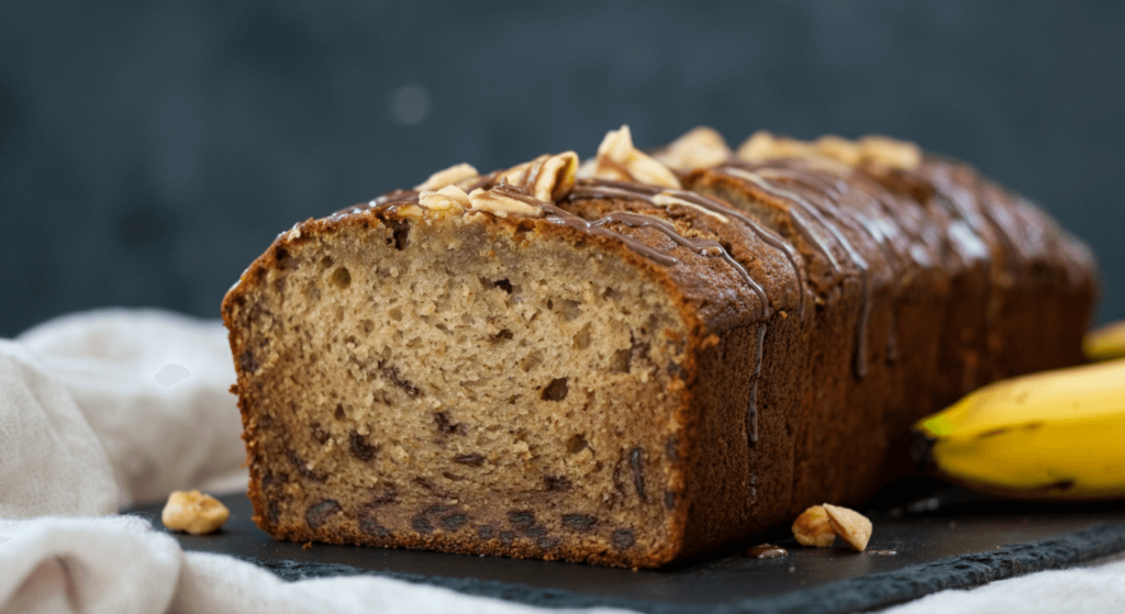 Ingredients for dairy-free banana bread, including ripe bananas, almond milk, and flour.