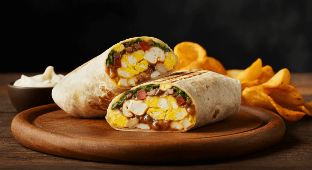 A spicy breakfast burrito with chorizo, eggs, jalapeños, and melted cheese.