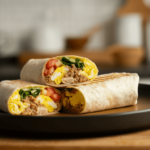 A classic breakfast burrito with eggs, bacon, cheese, and avocado wrapped in a warm tortilla.