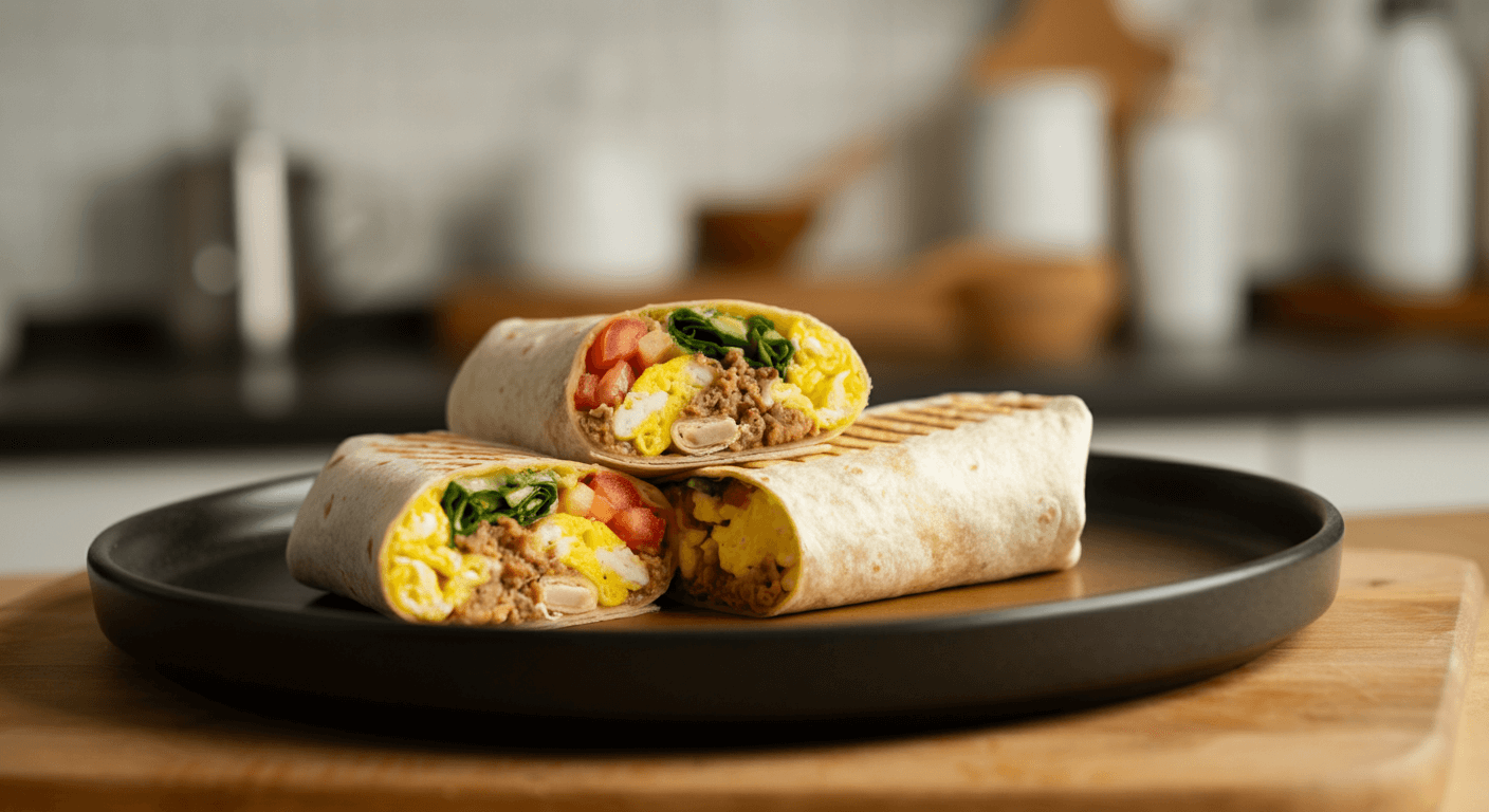 A classic breakfast burrito with eggs, bacon, cheese, and avocado wrapped in a warm tortilla.