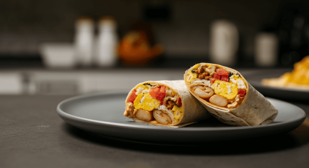 A healthy vegetarian breakfast burrito filled with black beans, peppers, spinach, and avocado.