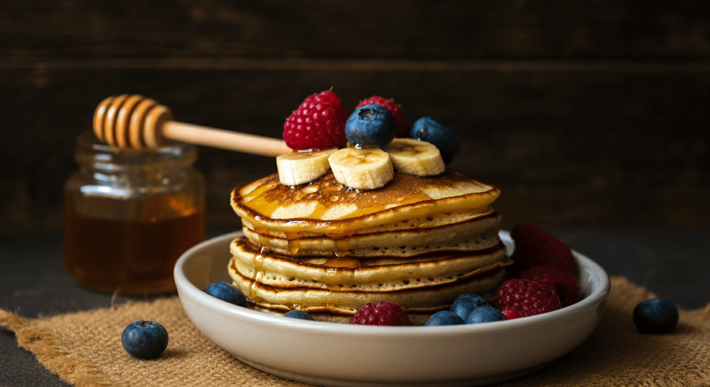 A stack of fluffy low-calorie pancakes topped with fresh berries and a drizzle of maple syrup.