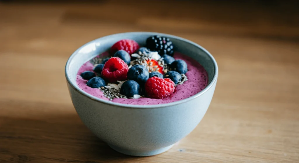 Delicious smoothie bowl topped with fresh berries and chia seeds, ideal for a low-calorie breakfast or snack.