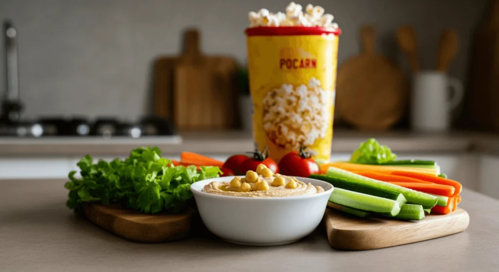 Air-popped popcorn served with veggies and hummus, a healthy, low-calorie snack.