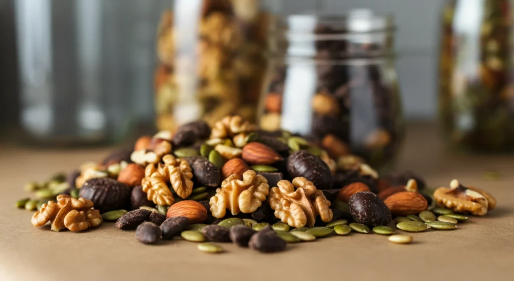 Healthy Homemade Trail Mix with Walnuts, Dark Chocolate, and Seeds