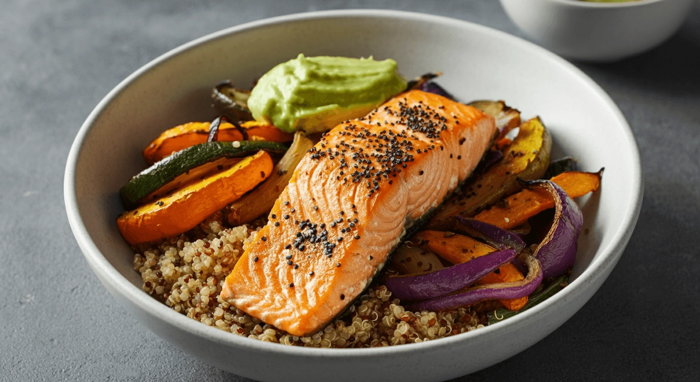 Healthy Salmon and Quinoa Bowl with Roasted Vegetables