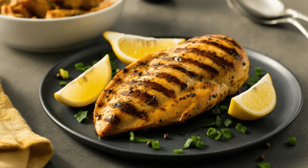 Juicy grilled lemon garlic chicken breast with herbs and a side of roasted vegetables