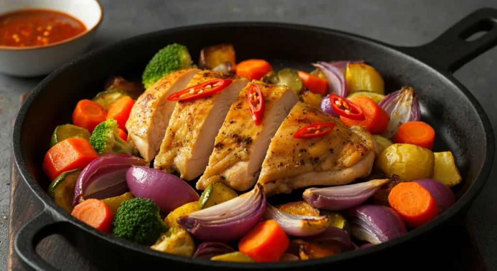 Spicy Cajun chicken breast with a crispy golden crust served with roasted broccoli and zucchini.