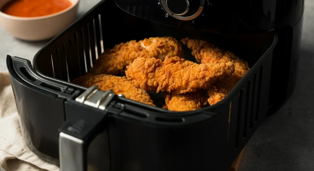 Crispy air-fried chicken tenders served with a side of healthy dipping sauce.