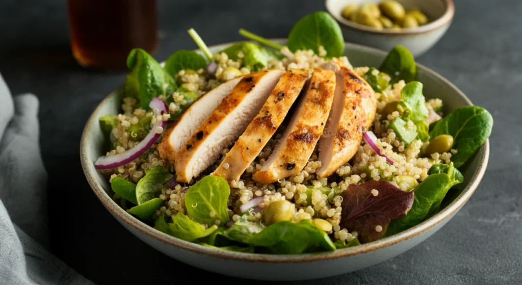 Colorful high-protein chicken and quinoa salad with cherry tomatoes, cucumbers, and feta cheese.