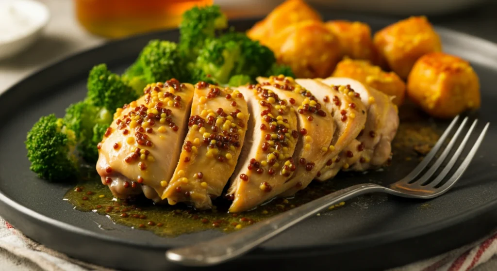 Golden-brown baked honey mustard chicken breast served with steamed vegetables