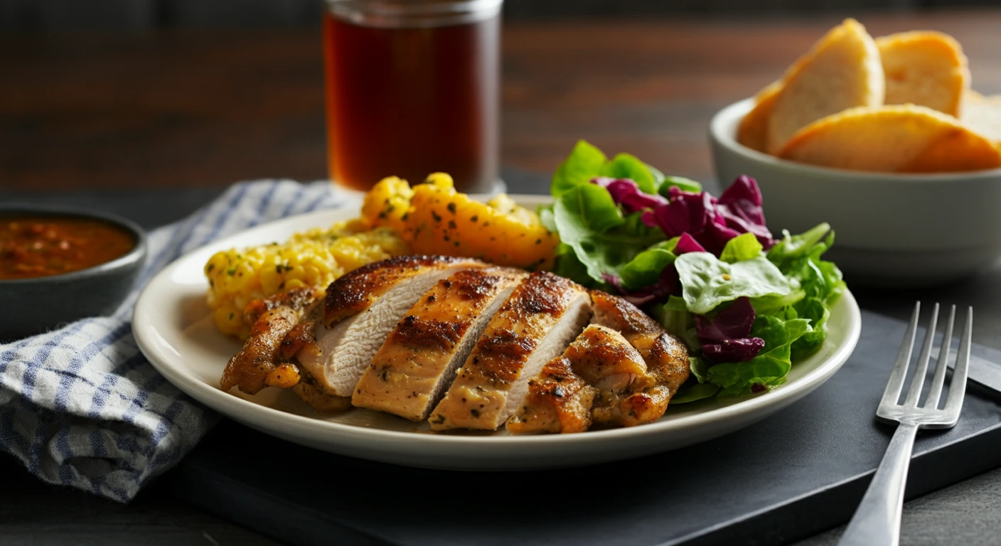 A healthy chicken-based fat-burning meal with grilled chicken, vegetables, and quinoa.