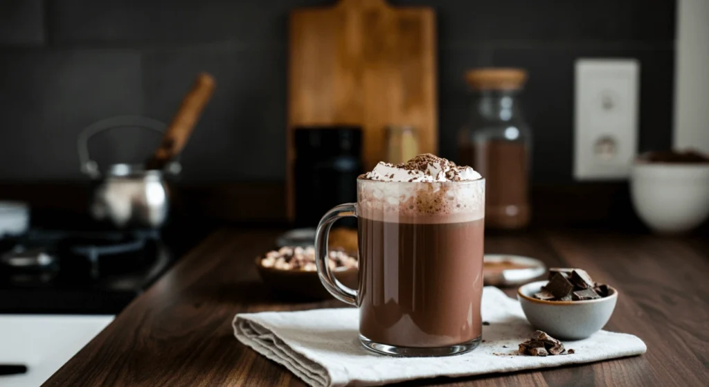 A warm cup of vegan hot chocolate topped with dairy-free whipped cream and cinnamon.