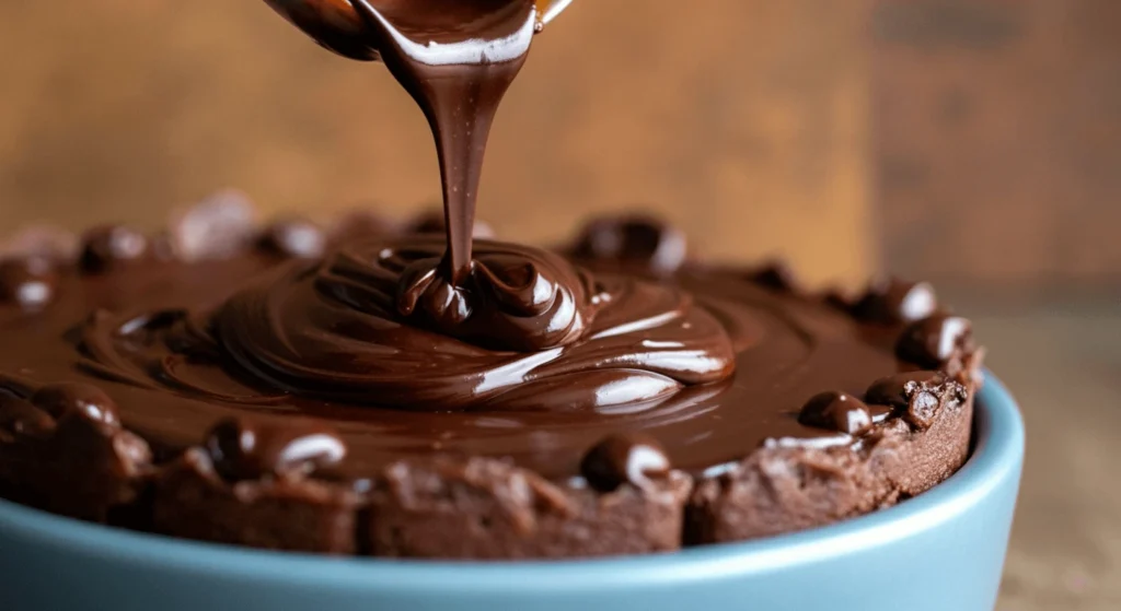 Smooth and glossy dairy-free chocolate ganache in a bowl, ready for drizzling over desserts.