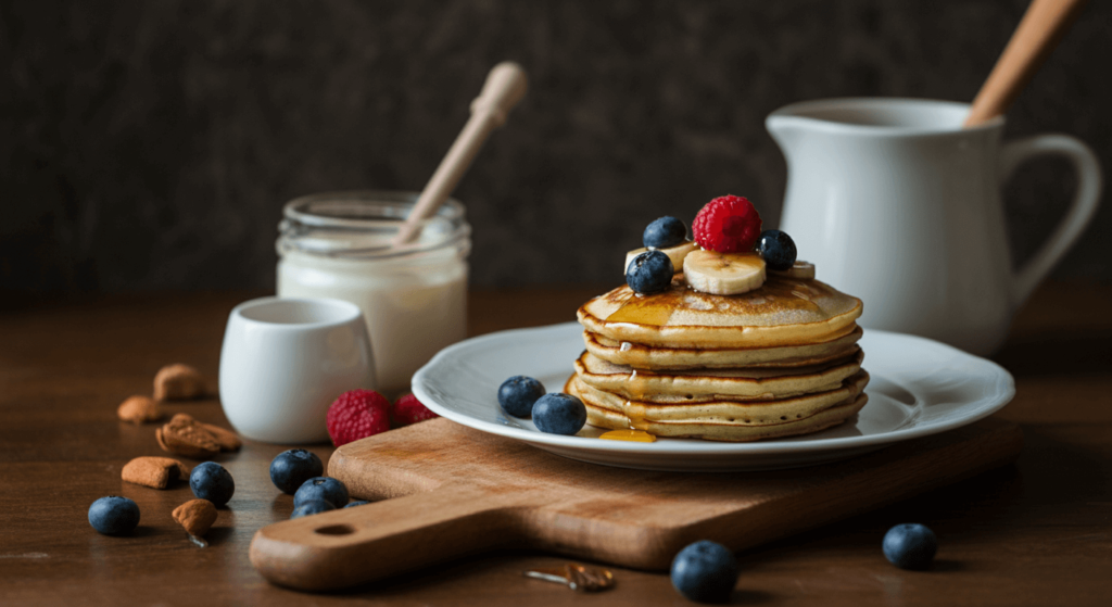 A plate of golden-brown low-calorie pancakes served with a side of Greek yogurt and honey.