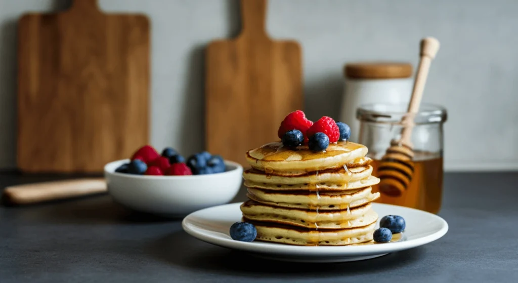 A batch of meal-prep low-calorie pancakes stacked and ready for storage.