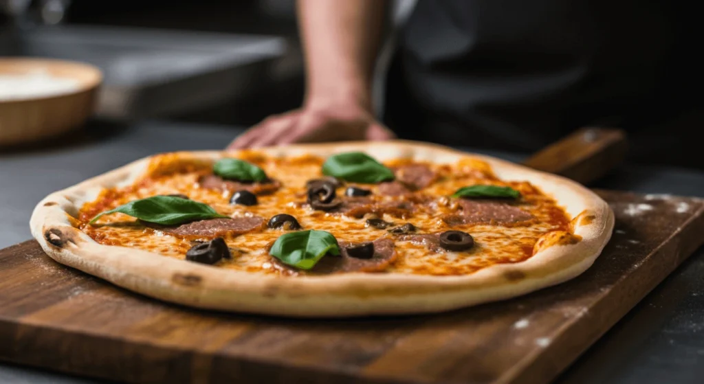 Spicy BBQ chickpea pizza with jalapeños and red onions.