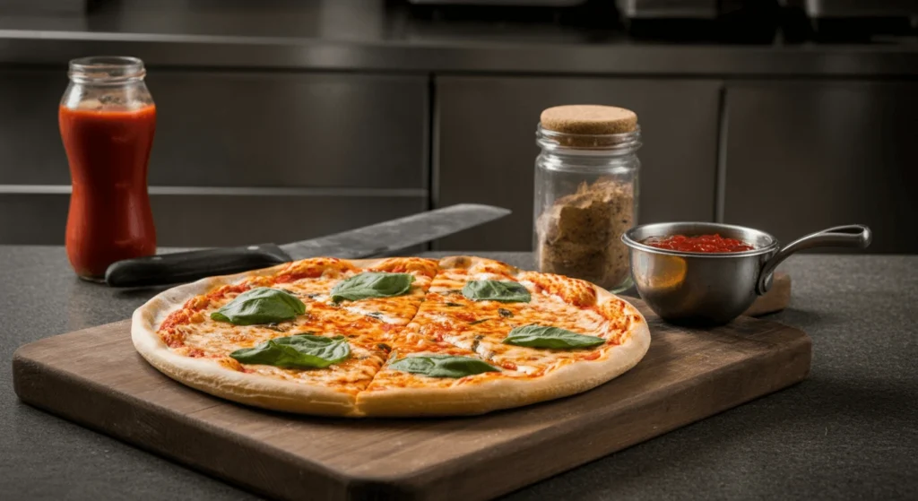 Close-up of dairy-free Margherita pizza with fresh basil.