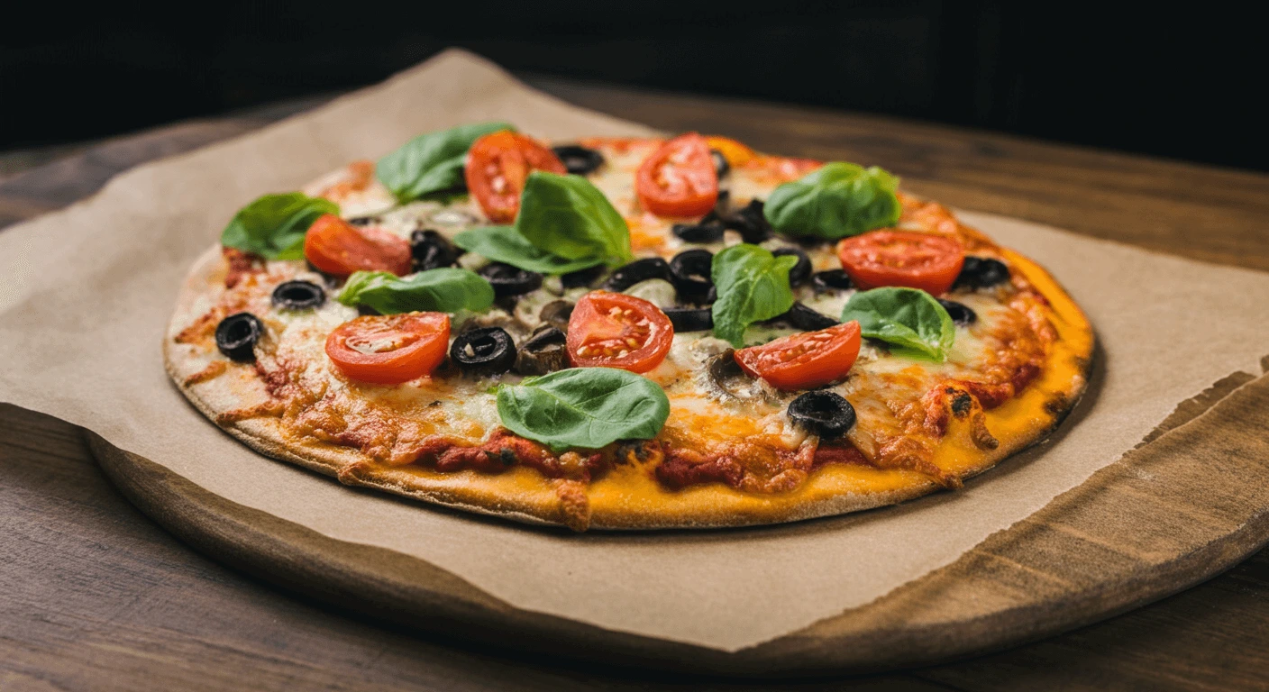 Freshly baked dairy-free pizza with vibrant vegetable toppings.