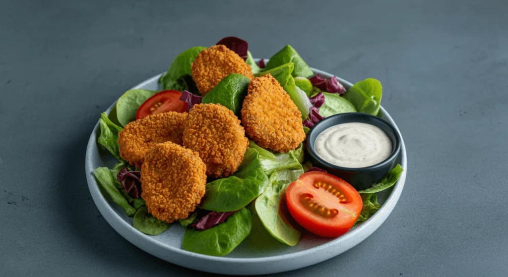 Plant-based chicken nuggets served with dipping sauce and fresh greens.