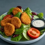 Plant-based chicken nuggets served with dipping sauce and fresh greens.