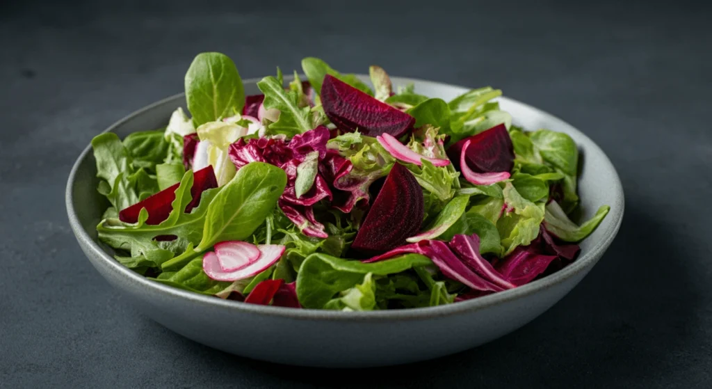 A roasted beetroot and apple salad with pumpkin seeds and lemon dressing.