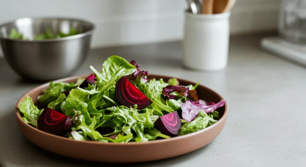 A bowl of beetroot salad with feta cheese, walnuts, and spinach.