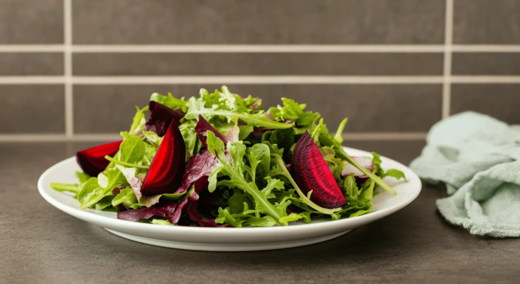 A fresh beetroot salad with arugula, walnuts, and a light vinaigrette.