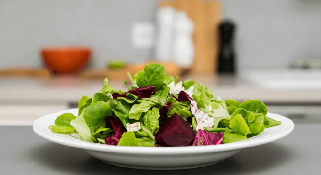 A colorful beetroot salad with goat cheese, apples, and arugula.