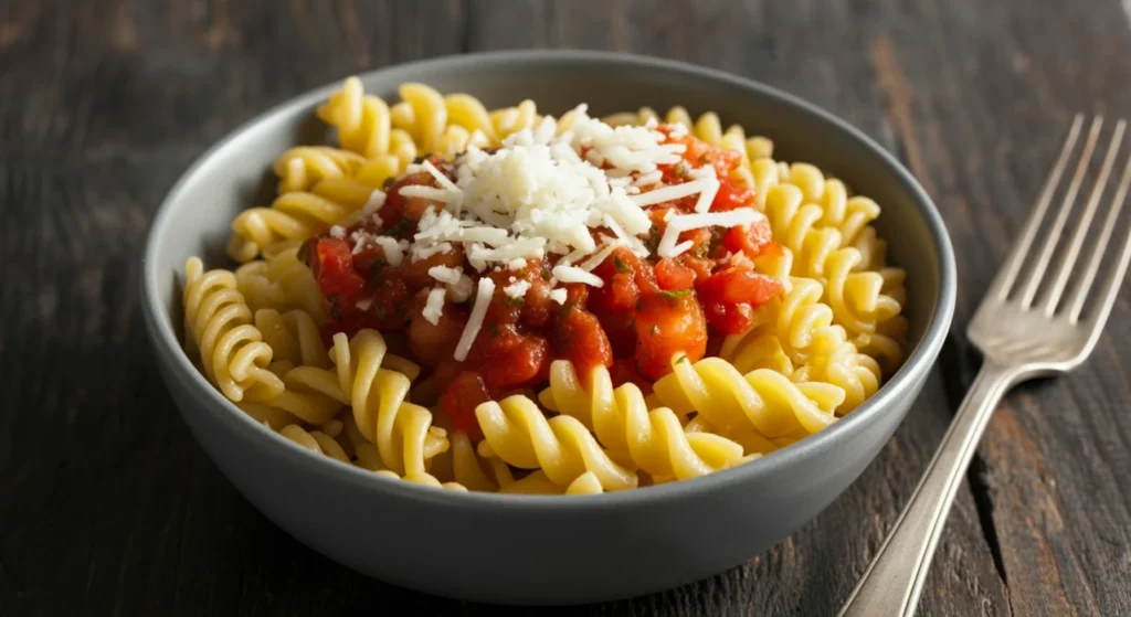 A bowl of colorful vegetable pasta with a drizzle of olive oil