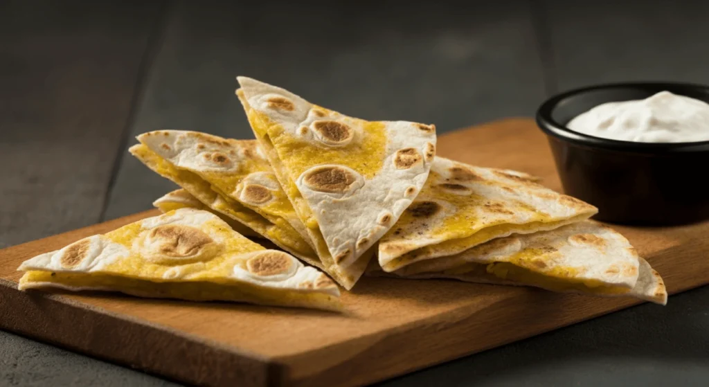 Golden-brown low calorie tortilla triangles arranged on a plate.