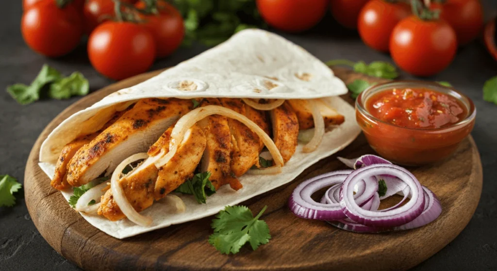 A low calorie tortilla wrap filled with grilled chicken, lettuce, and tomatoes.