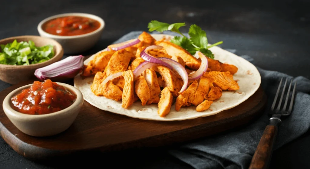 Low-calorie tortilla filled with grilled chicken, fresh salad, and vegetables.