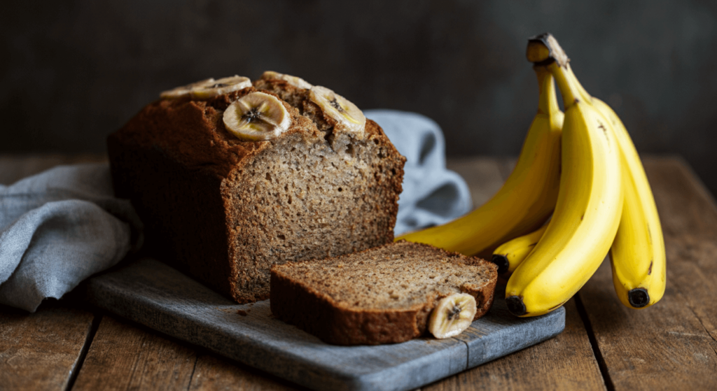 Close-up of a slice of moist dairy-free banana bread, highlighting its soft texture.