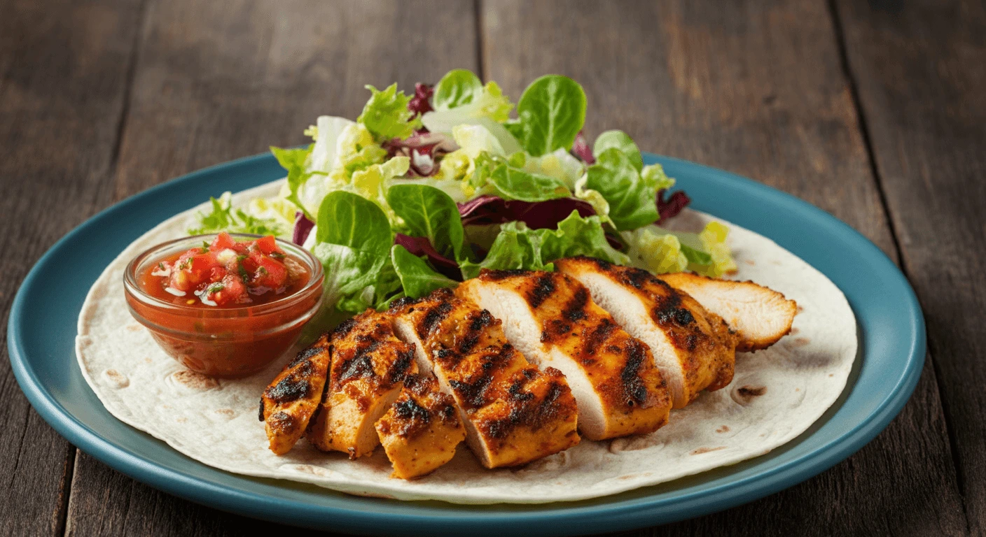 A low calorie tortilla wrap filled with fresh veggies and grilled chicken.