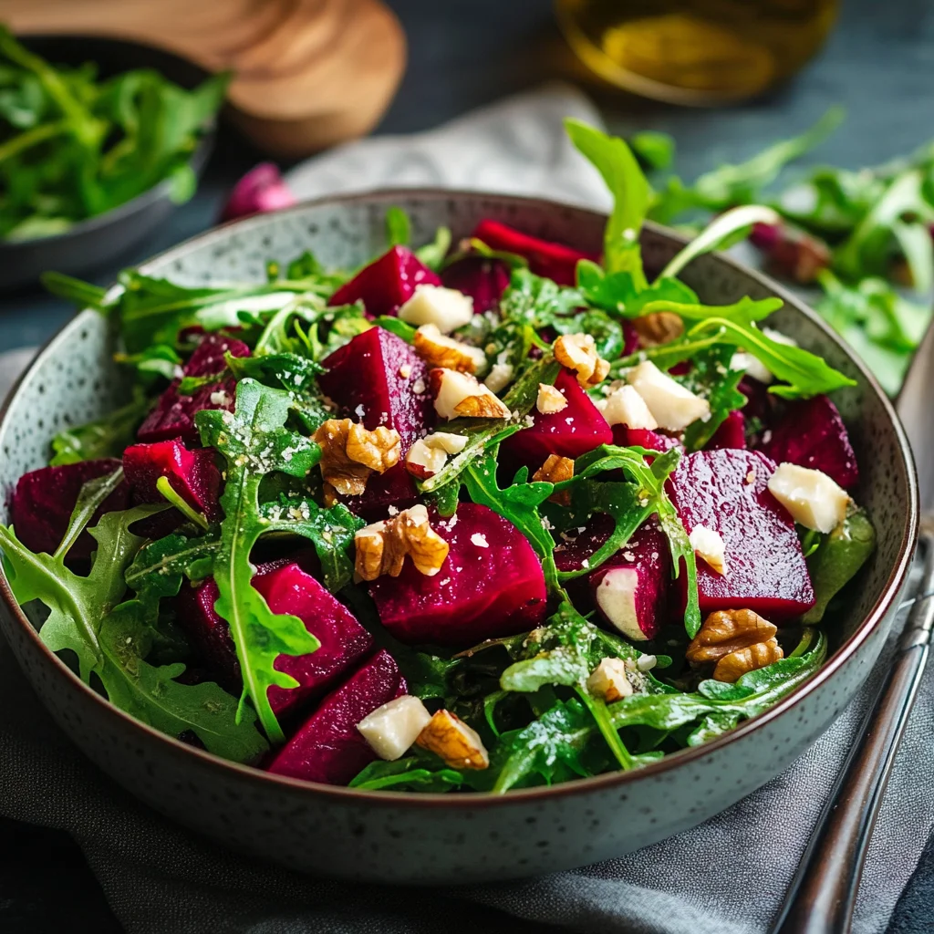 A fresh beetroot salad with arugula, walnuts, and a light vinaigrette.