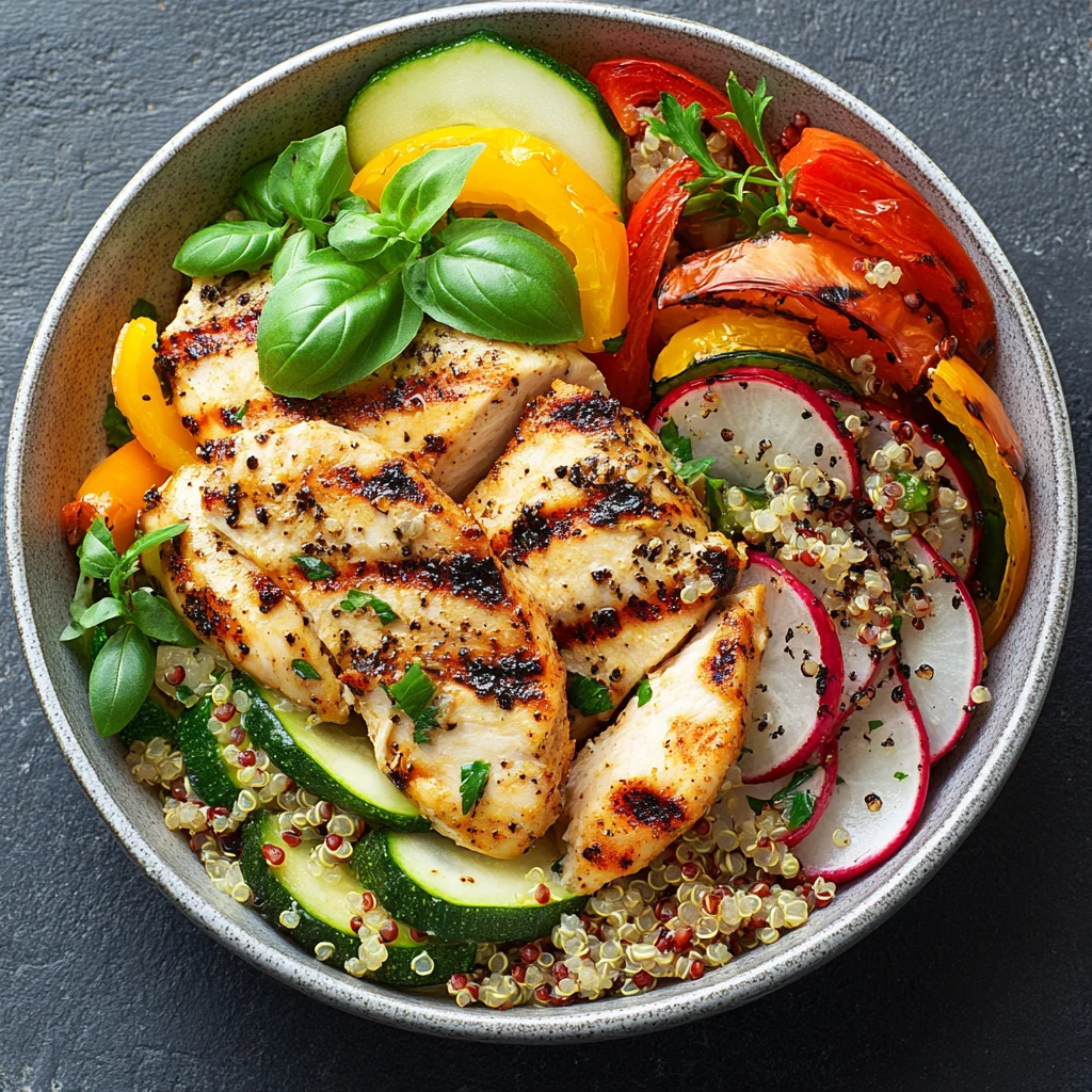 Alt Text: Healthy chicken-based fat-burning meal with grilled chicken, vegetables, and quinoa.