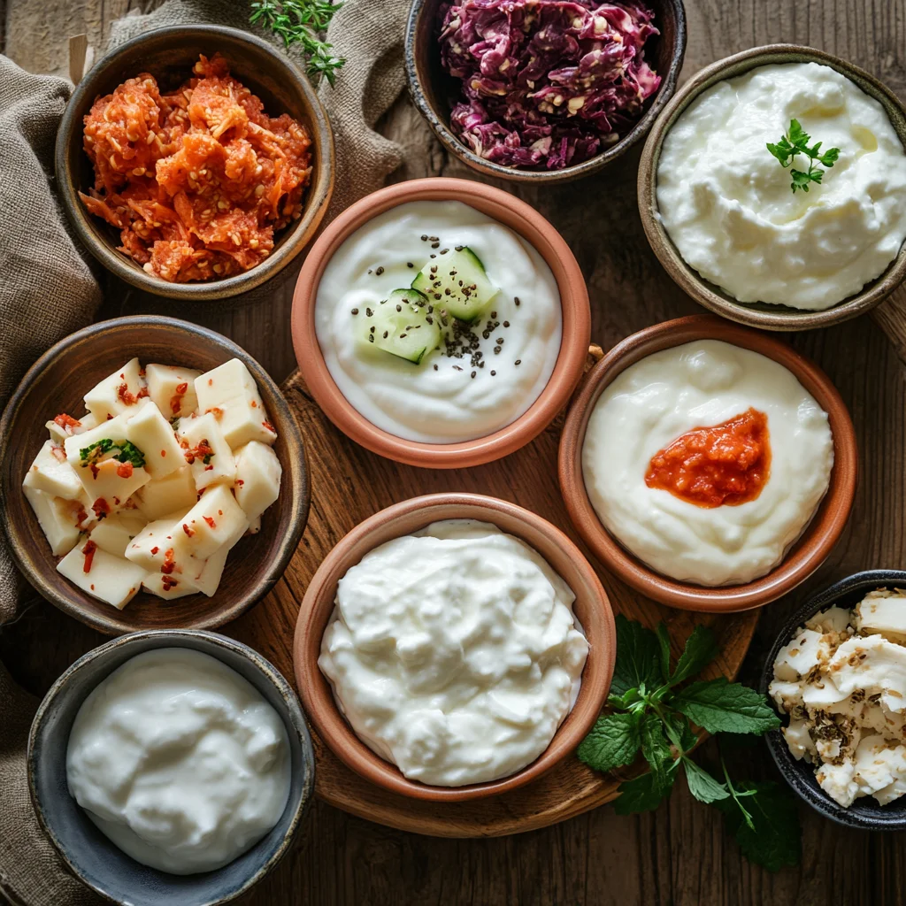 A selection of probiotic-rich foods including yogurt, kimchi, and kefir on a wooden table.