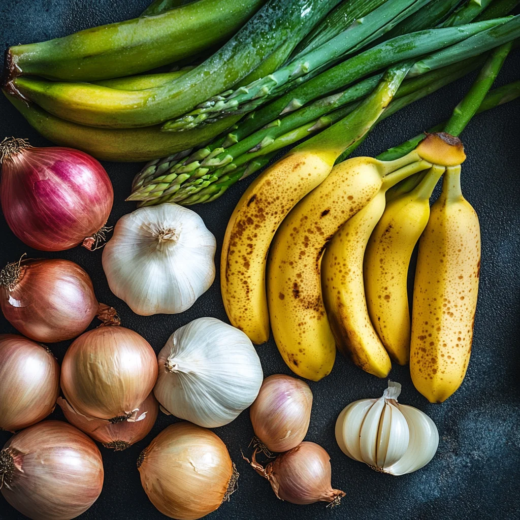  variety of prebiotic-rich foods, including bananas, onions, garlic, and asparagus.