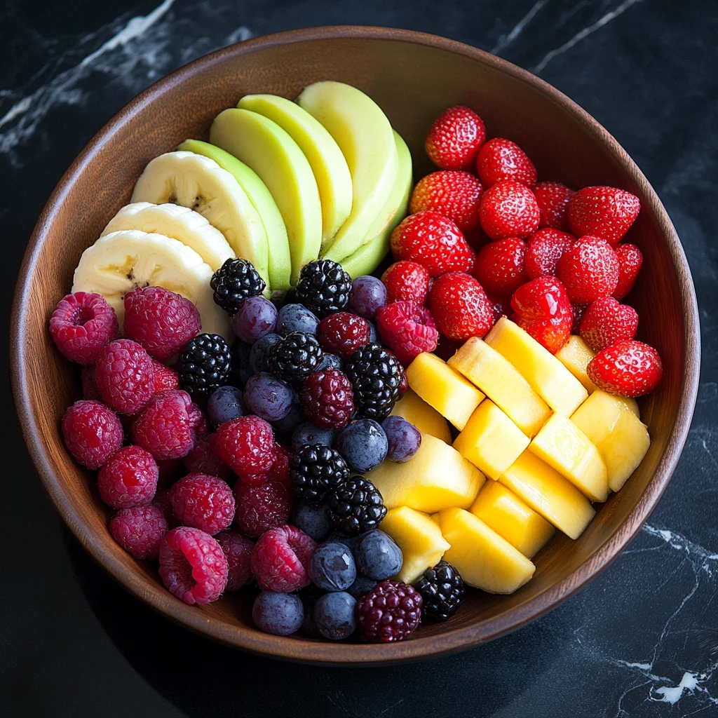 Bright fruit bowl with bananas, berries, and apples.