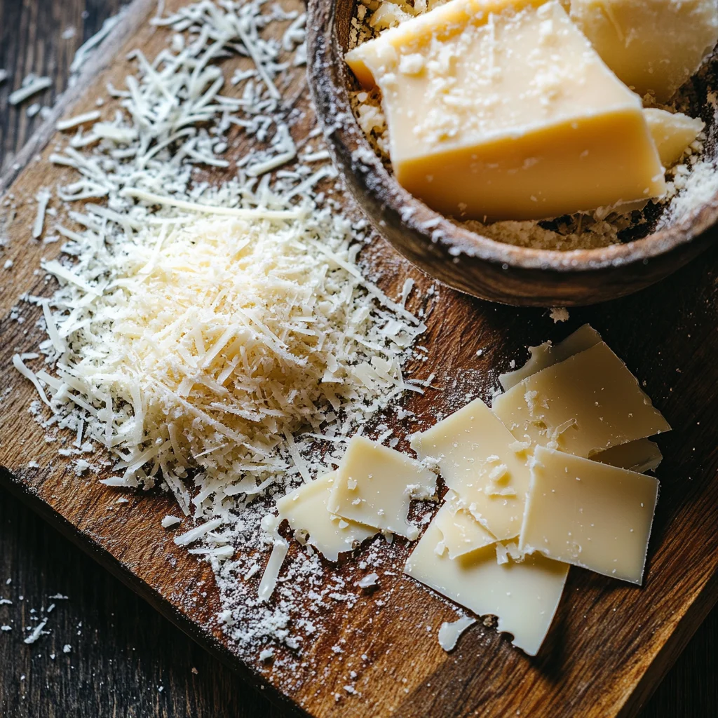 Grated Parmesan and Swiss cheese on a wooden cutting board.