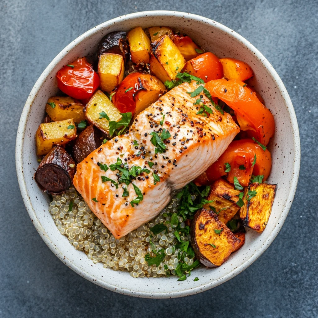Healthy Salmon and Quinoa Bowl with Roasted Vegetables