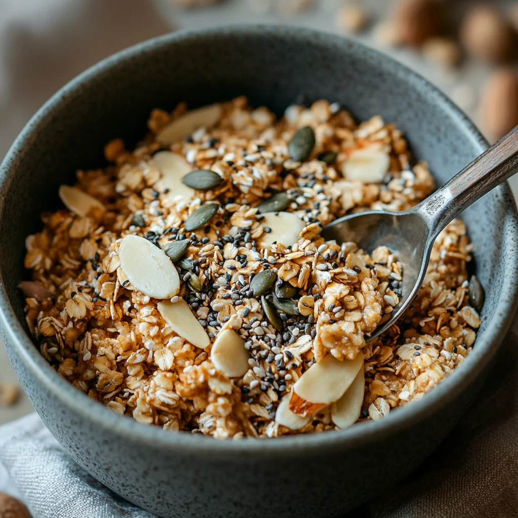 Healthy gluten-free cereal in a bowl with seeds and oats.