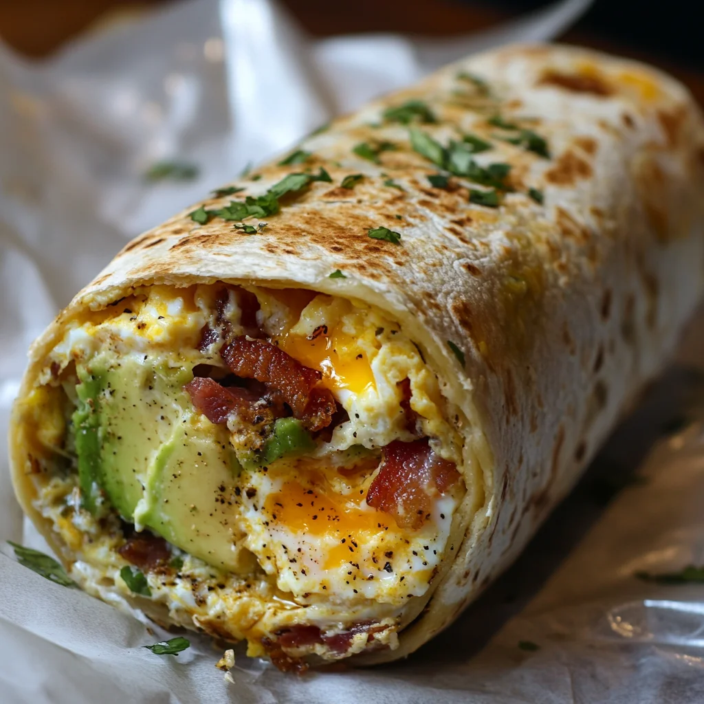 A classic breakfast burrito with eggs, bacon, cheese, and avocado wrapped in a warm tortilla.