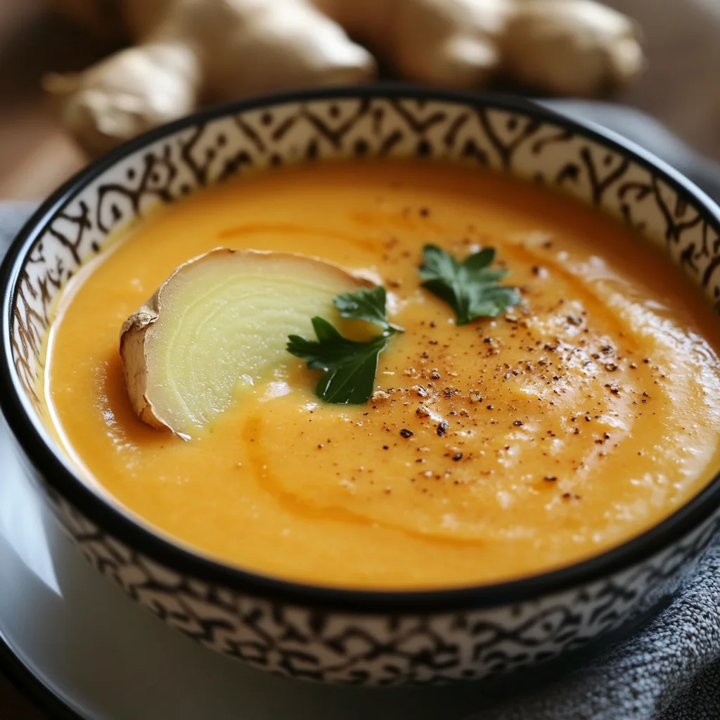 A bowl of vibrant carrot ginger soup garnished with a slice of ginger.