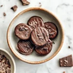 Dairy-free dark chocolate pieces on a wooden board.