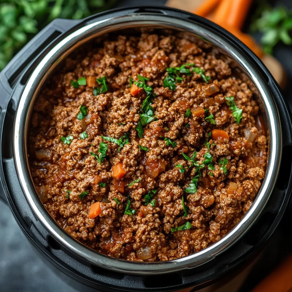 Crumbled ground beef in Instant Pot.