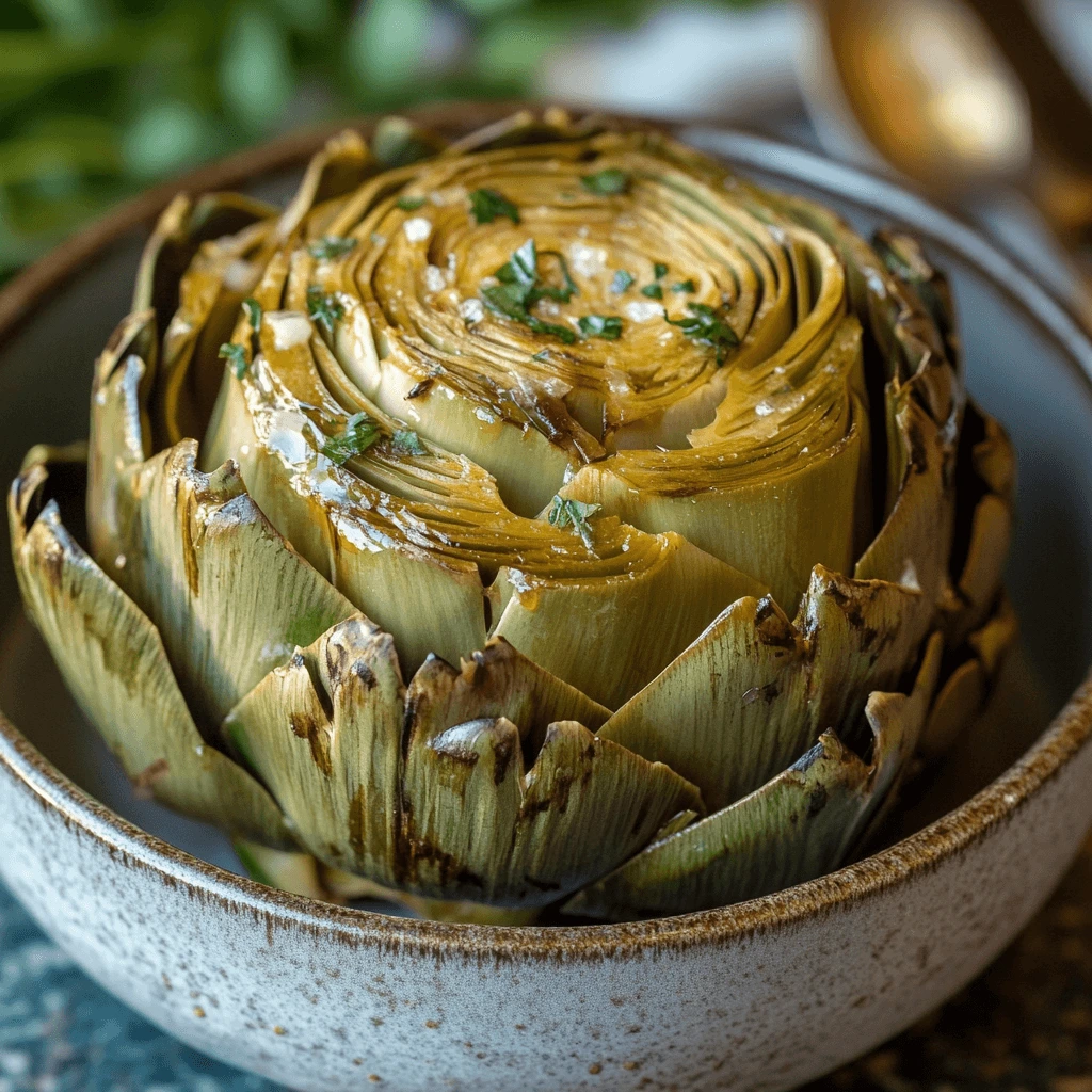 Cooked artichoke with a side of garlic butter dipping sauce.